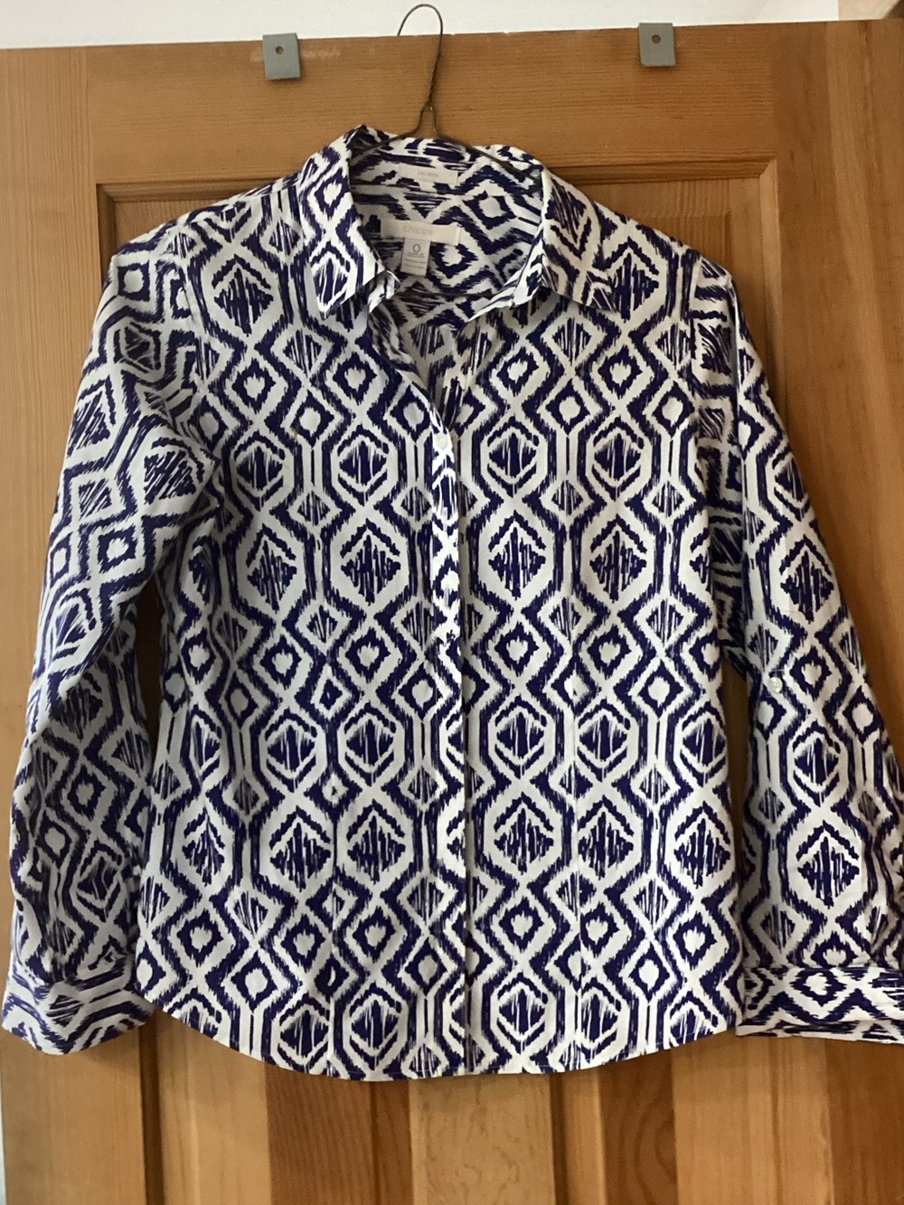 Chico's No-Iron, 100% cotton, Navy Blue & White Button-Down Shirt